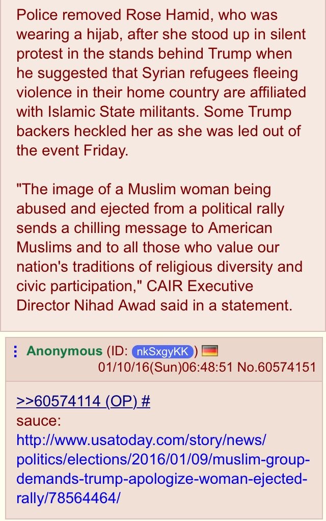 >howabout NO. What, just because some group gave you a gold star, you think that entitles you to anything? KEK. i Anonymous (ID: () CAIR demands Trump apologize